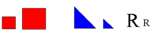 To røde kvadrater med samme form men ulik størrelse. Tilsvarende med de to blå trekantene.